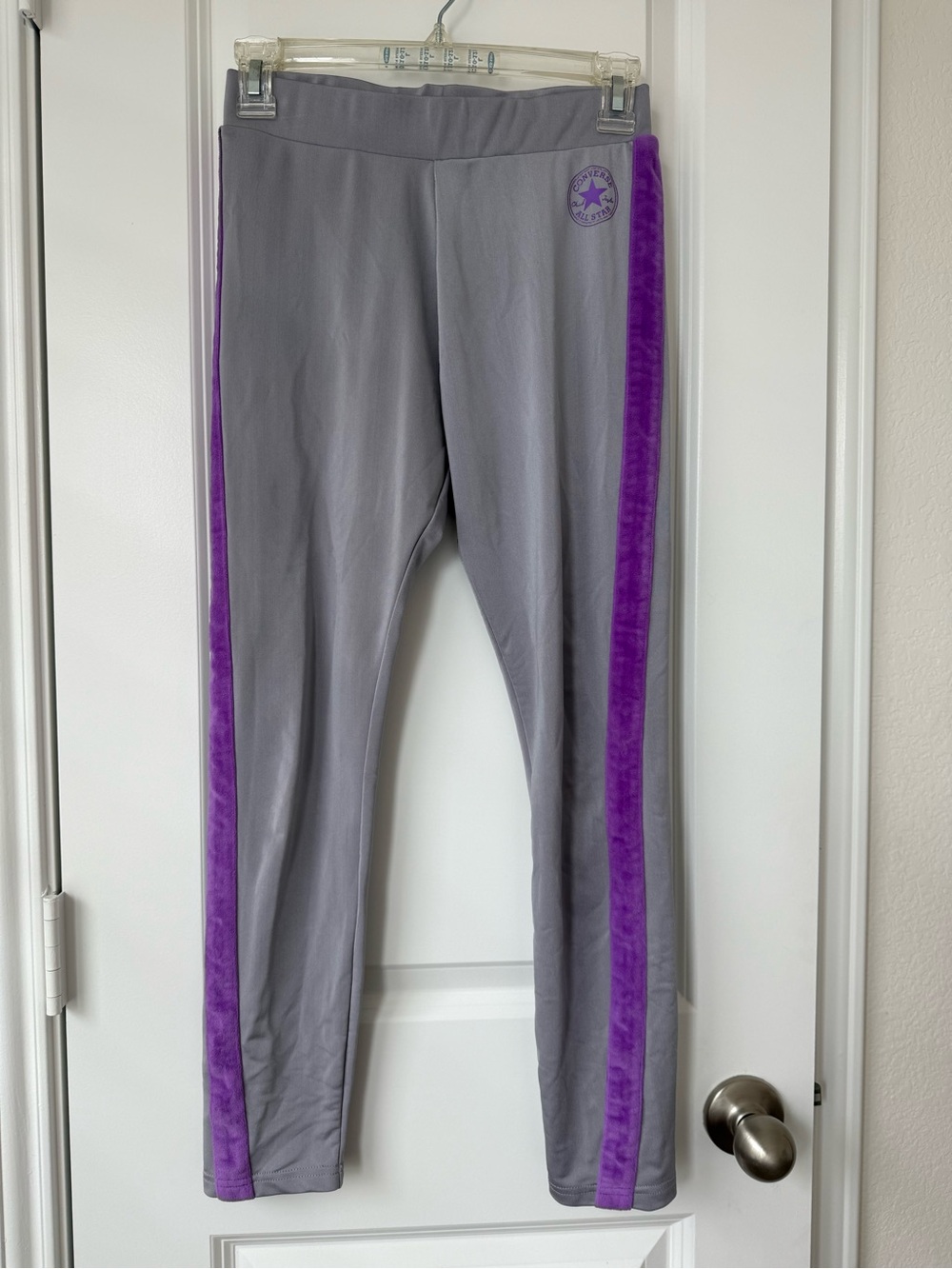 Converse All Star Girls' XL Gray Leggings with Purple Side Stripe & Logo
